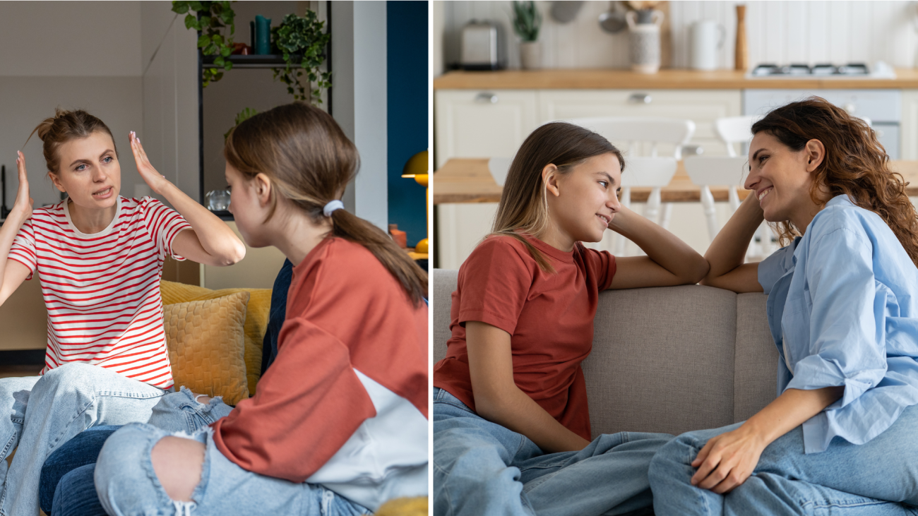 A side-by-side comparison of two different parent-teen interactions. On the left, a mother in a striped shirt appears frustrated, raising her hands while speaking to her teenage daughter, who looks downcast and disengaged. The setting is a cozy living room with a yellow pillow in the background. On the right, a different mother and daughter are sitting on a couch in a well-lit kitchen, smiling and engaging in a warm, relaxed conversation. The mother, in a light blue shirt, leans toward her daughter with a supportive expression, while the daughter, wearing a red shirt, looks back with a smile. The contrast highlights the difference between conflict and open, positive communication in parent-teen relationships.