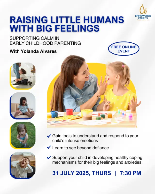 Raising Little Humans with Big Feelings Flyer. Free online event happening on July 31, 2025 facilitated by Yolanda Alvares