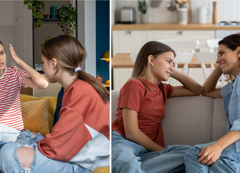 A side-by-side comparison of two different parent-teen interactions. On the left, a mother in a striped shirt appears frustrated, raising her hands while speaking to her teenage daughter, who looks downcast and disengaged. The setting is a cozy living room with a yellow pillow in the background. On the right, a different mother and daughter are sitting on a couch in a well-lit kitchen, smiling and engaging in a warm, relaxed conversation. The mother, in a light blue shirt, leans toward her daughter with a supportive expression, while the daughter, wearing a red shirt, looks back with a smile. The contrast highlights the difference between conflict and open, positive communication in parent-teen relationships.