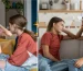 A side-by-side comparison of two different parent-teen interactions. On the left, a mother in a striped shirt appears frustrated, raising her hands while speaking to her teenage daughter, who looks downcast and disengaged. The setting is a cozy living room with a yellow pillow in the background. On the right, a different mother and daughter are sitting on a couch in a well-lit kitchen, smiling and engaging in a warm, relaxed conversation. The mother, in a light blue shirt, leans toward her daughter with a supportive expression, while the daughter, wearing a red shirt, looks back with a smile. The contrast highlights the difference between conflict and open, positive communication in parent-teen relationships.
